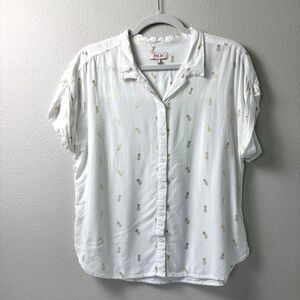 Per Se Pineapple Print‎ Button Down Shirt Womens L White Gold Foil Rayon